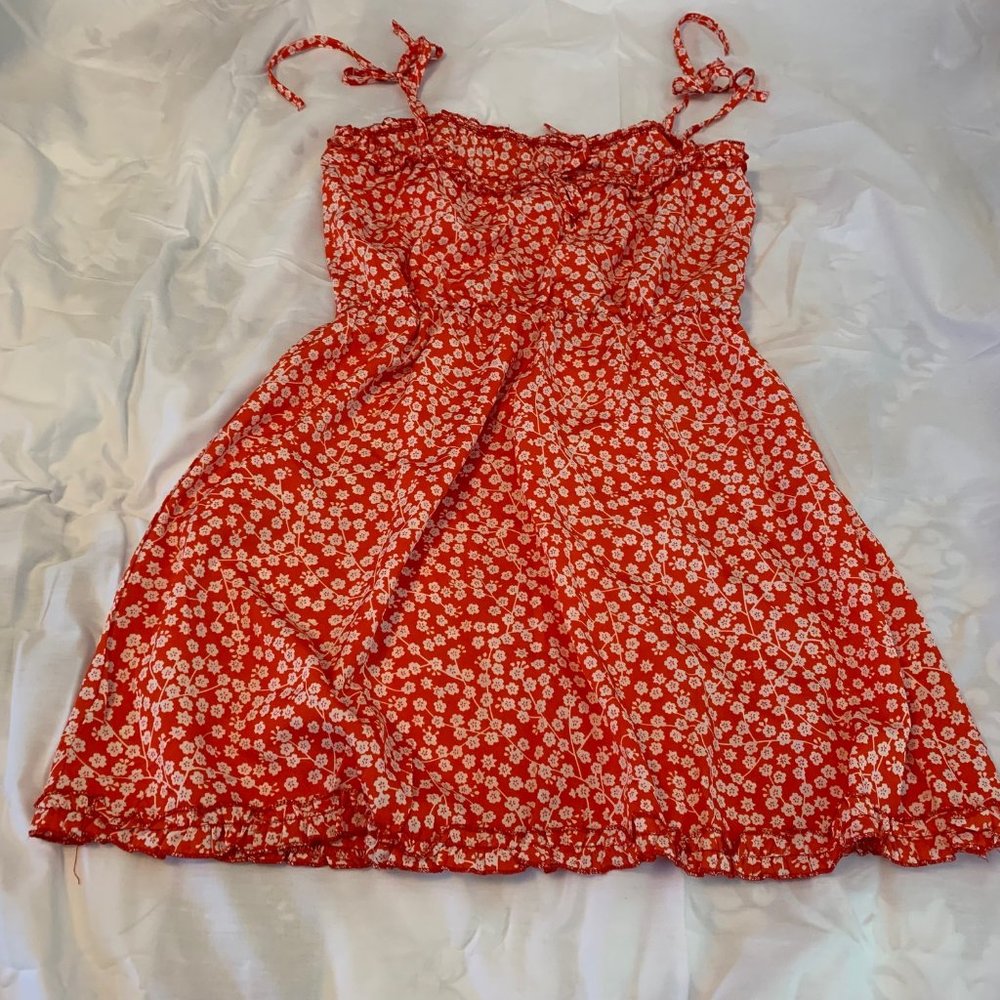 Red and White Floral Sundress with Shoulder TIes Size M